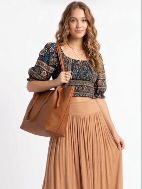 Malibu Skye Premium Vegan Leather Mia 2 in 1 Tote Bag NWT Cognac Color